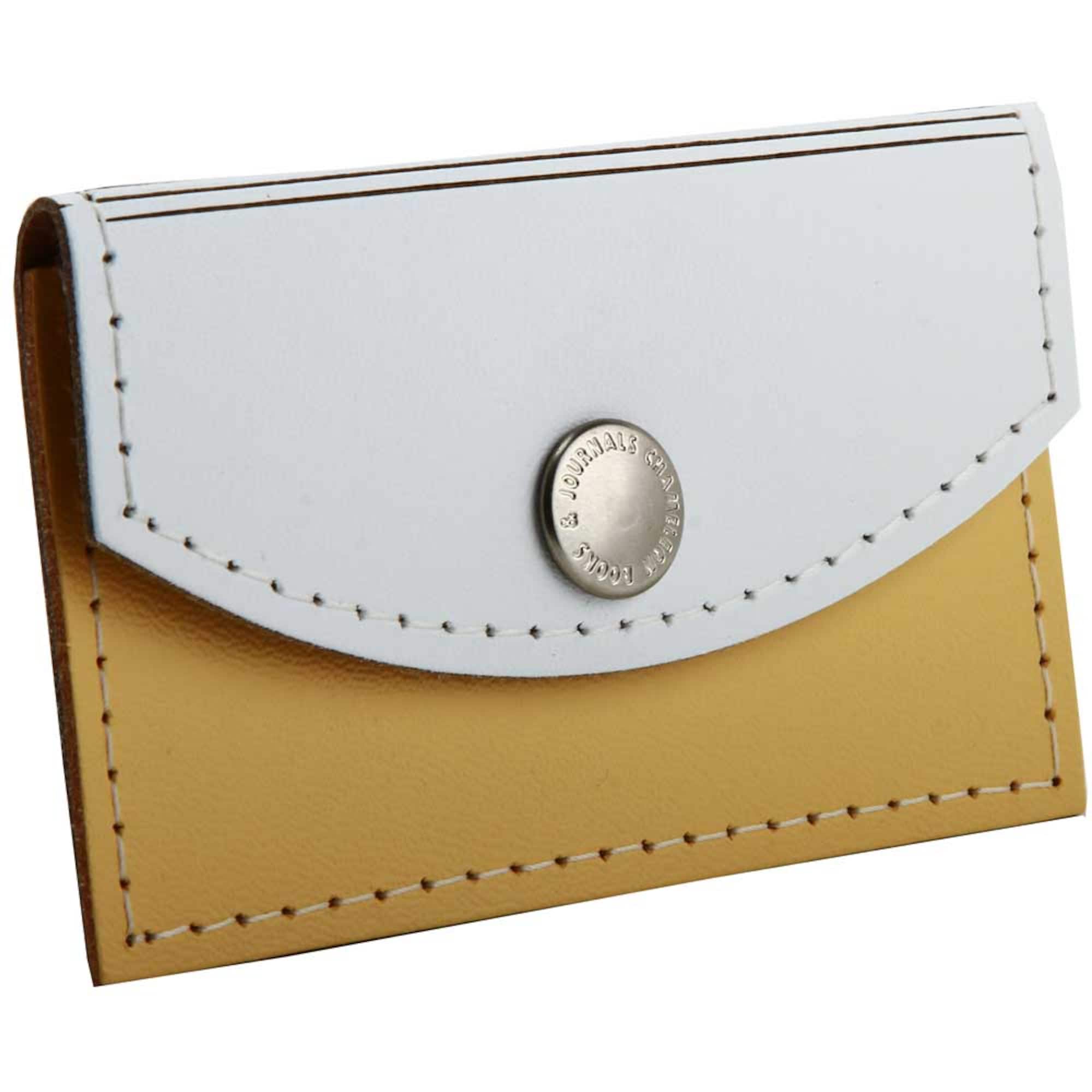 JAM Paper White & Yellow Leather Business Card Holder Case with Snap Closure